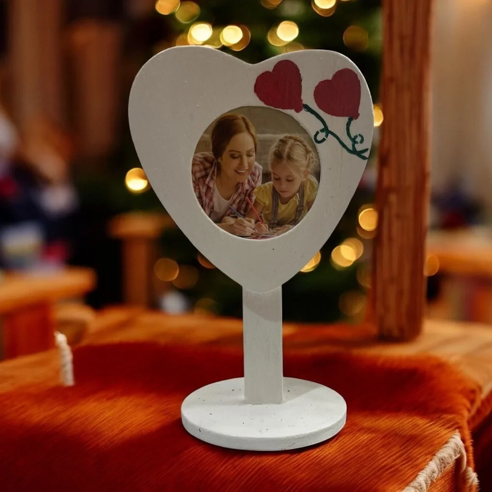 Handmade Heart-Shaped Photo Frame with Red Painted Heart Accents
